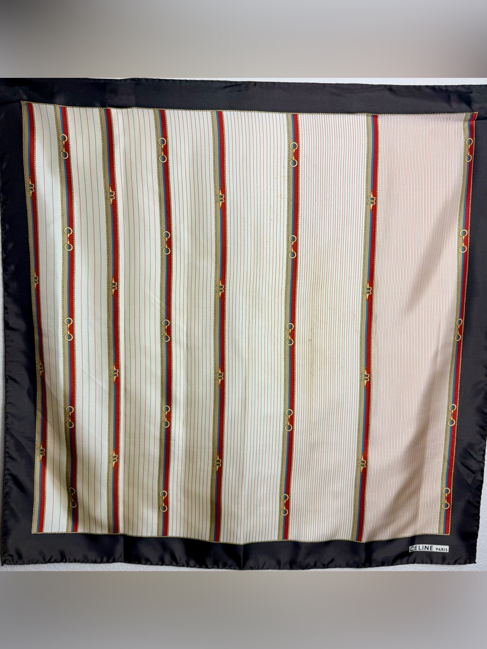 Celine Cream Silk Scarf with Red and Blue Stripe & Brown Border